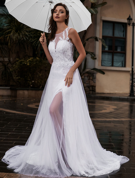 Milanoo Customize Wedding Dress Lace Tulle A-Line Jewel Neck Sleeveless Natural Waist With Train Bri
