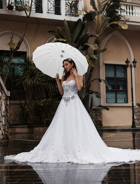 Milanoo Robes de Mariée Princesses en Paillettes avec Epaules Nues Coupe Cintrée à Lacets Bas Evasée