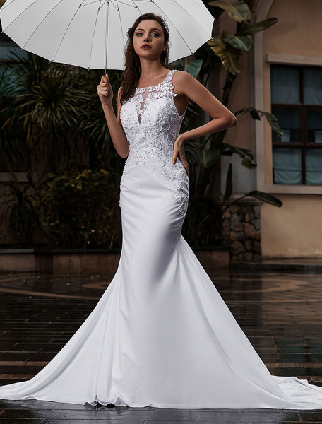 Milanoo Customize Wedding Dress With Train Sleeveless Beaded Square Neck Bridal Gowns