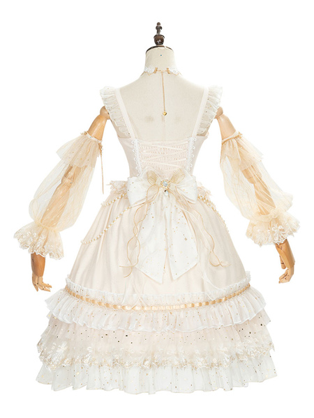 Sweet Lolita JSK Dress 3 Pieces Set White Sleeveless Lace UpÂ Bows Lolita Jumper Skirts