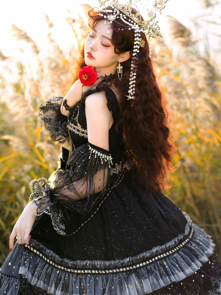 Image of Sweet Lolita JSK Dress 3 pezzi Set lacci con fiocchi Tulle poliestere nero Lolita maglione gonne