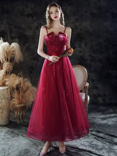 Milanoo Evening Dress A-Line Sweetheart Neck Lace Floor-Length Sleeveless Party Dresses Burgundy Pag