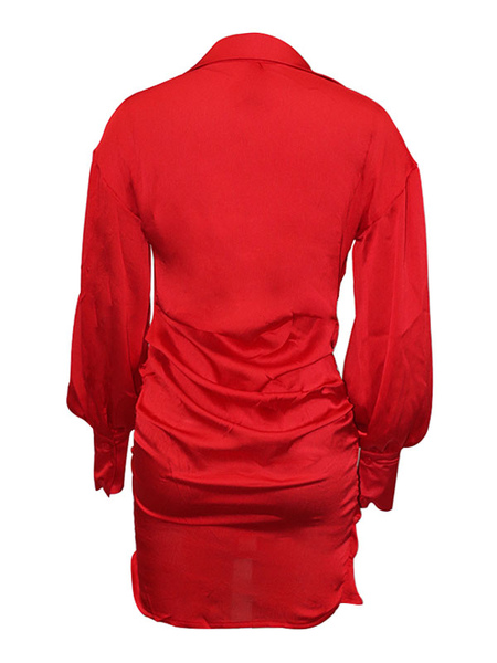 Women Shirt Dresses Red V-Neck Long Sleeves Polyester Bodycon Midi Dress