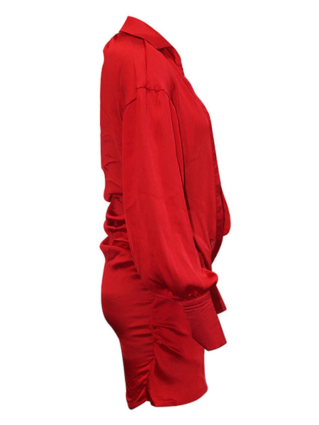 Women Shirt Dresses Red V-Neck Long Sleeves Polyester Bodycon Midi Dress