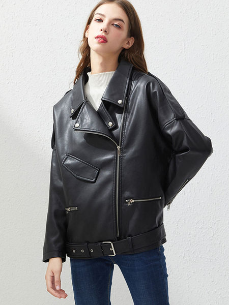 Milanoo Women Motorcycle Jacket Black Polyester Turndown Collar Zipper Long Sleeve PU Leather Jacket
