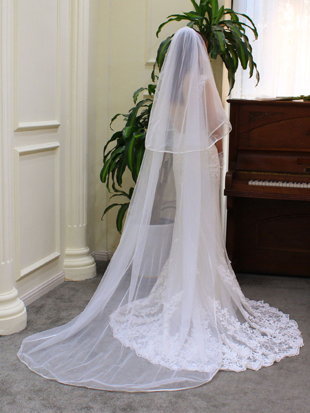 Milanoo Wedding Veil Two Tier Tulle Ribbon Edge Waterfall Bridal Veil