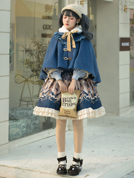 Image of Sweet Lolita Poncho Dark Navy Poliestere Lace Up Spring Lolita Pocho Cape Only Outwears