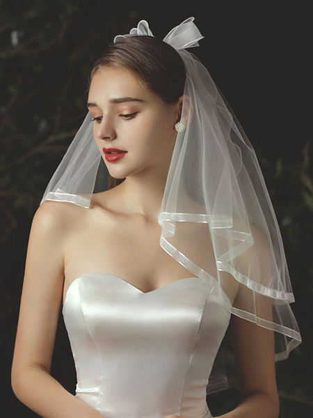 Milanoo Wedding Veil Two Tier Bows Tulle Finished Edge Classic Bridal Veil