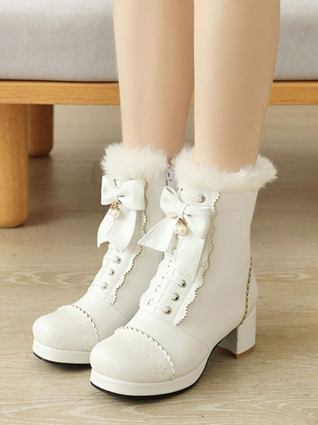 Milanoo Lolita Ankle White PU Leather Bows Round Toe Lolita Footwear Sweet Lolita Boots