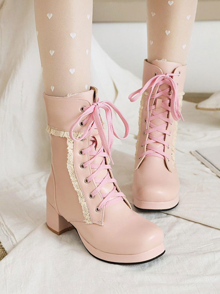 Milanoo Lolita Boots Pink PU Leather Round Toe Chunky Heel Lolita Ankle Sweet Booties Footwear