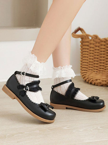 Milanoo Sweet Lolita Shoes Black PU Leather Lolita Pumps Footwear