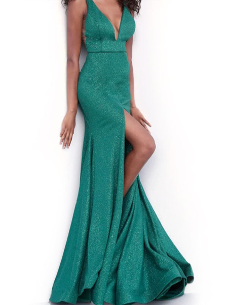 Milanoo Women Evening Gown Forest Green V Neck Backless Polyester Split Maxi Party Dress
