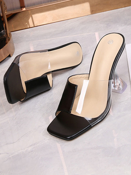 Milanoo Women Slippers Black Slip On Open Toe PVC Upper Acentela Geometric Heel Slippers