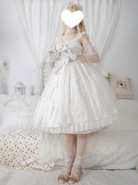 Image of Sweet Lolita JSK Dress Neverland Lace Cascading Ruffles Bows White Lolita Jumper Skirts