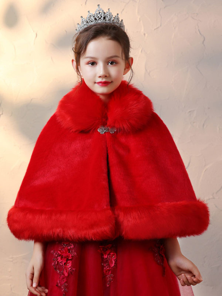 Milanoo Flower Girl Wraps Red Sleeveless Faux Fur Cape Flower Girl Winter Poncho