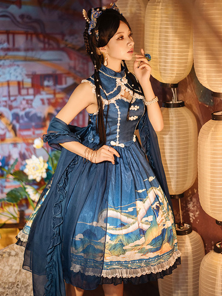 Milanoo Chinese Style Lolita JSK Dress Ocean Blue Polyester Choker Lolita Jumper Skirt