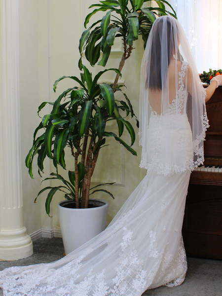 Milanoo Wedding Veils One Tier Tulle Lace Applique Edge Oval Bridal Veils