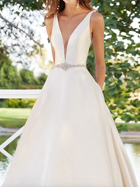Milanoo Wedding Dresses A Line Floor Length Sleeveless Beaded V Neck Backless Satin Fabric Bridal Go