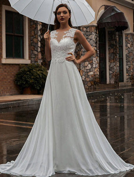 Milanoo White Wedding Dress Illusion Neckline Sleeveless Applique Chiffon Floor Length Bridal Gowns