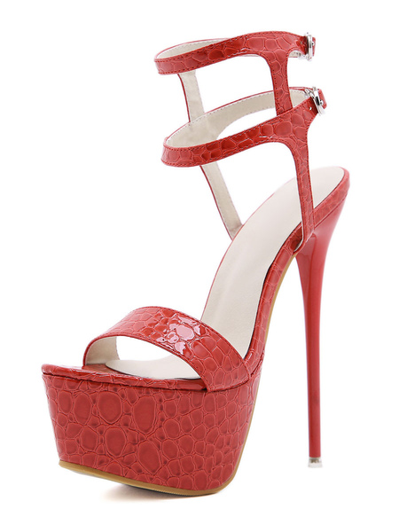 Milanoo Women Sexy Sandals Red PU Leather Round Toe Stiletto Heel Sandals Stripper Shoes