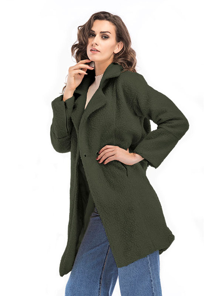 Milanoo Women Coat Hunter Green Turndown Collar Long Sleeve Woolen Teddy Coat
