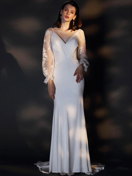 Milanoo Hochzeitskleid mit Zug Lange Ärmel Satin Stoff V-ausschnitt Brautkleider Meerjungfrau Kleid