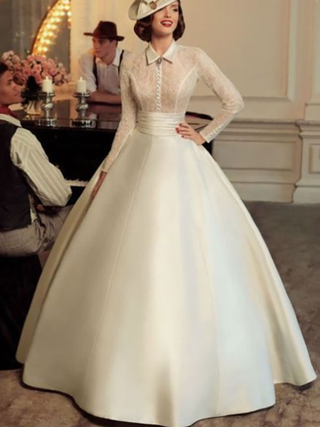 Milanoo Vintage Wedding Dresses Halter Long Sleeves Natural Waist Satin Fabric Floor Length Lace Tra