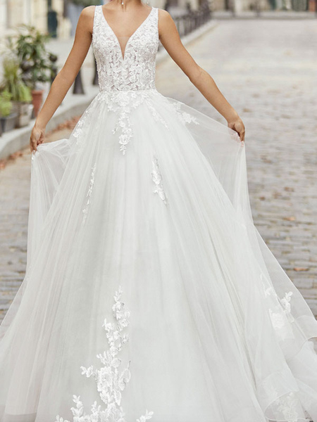 Milanoo Ivory Simple Wedding Dress A Line V Neck Sleeveless Applique With Long Train Bridal Dresses