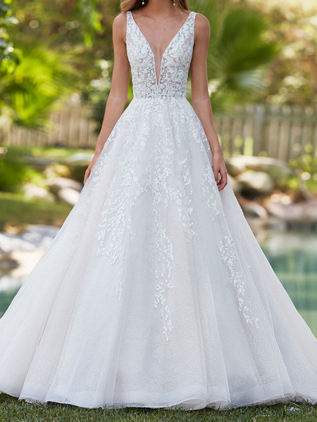 Milanoo White Wedding Dresses A Line Floor Length Sleeveless Applique V Neck Long Bridal Dresses