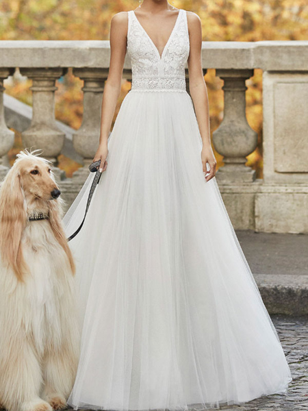 Milanoo Wedding Dresses A Line Floor Length Sleeveless Applique V Neck Bridal Gowns