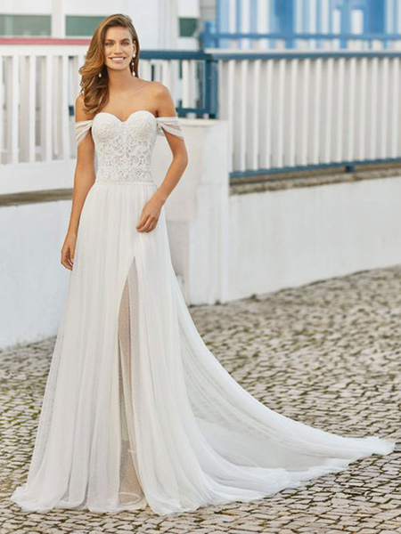 Milanoo Wedding Dresses With Train A-Line Floor-Length Sleeveless Beaded Sweetheart Neck Bridal Gown
