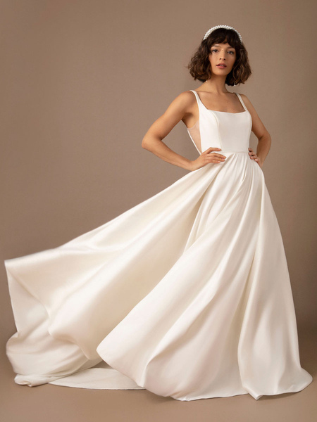 Milanoo Simple Wedding Dress With Train Satin Fabric Strapless Sleeveless Pockets A-Line Bridal Gown