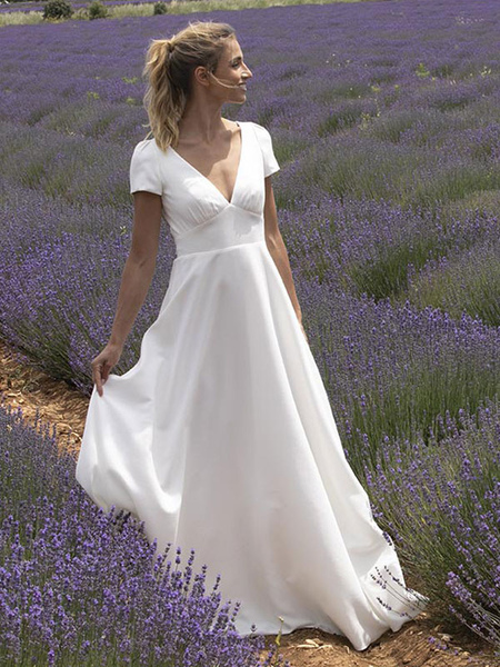 Milanoo Wedding Dress With Train V Neck Short Sleeves Buttons Floor Length Bridal Dresses