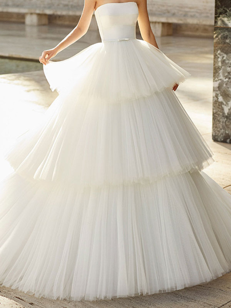 Milanoo Weißes Brautkleid Tüll Trägerlose Brautkleider Layered Princess Brautkleid