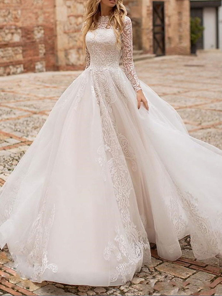 Milanoo White Wedding Dress A Line Illusion Neckline Long Sleeves Applique With Chapel Train Bridal