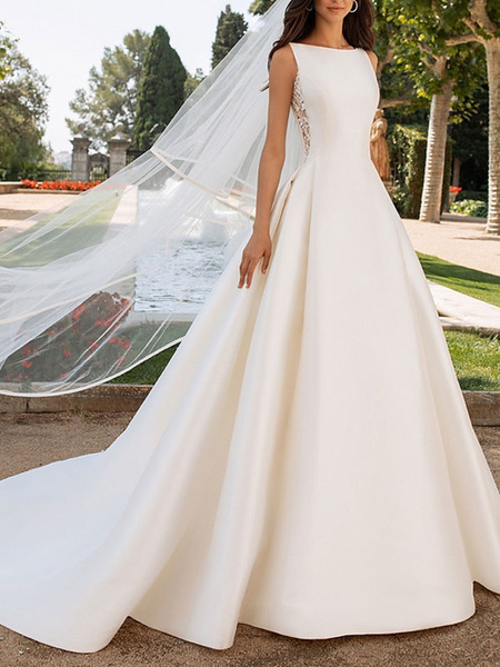 Milanoo Ivory Wedding Dresses A Line With Chapel Train Sleeveless Lace High Collar Bridal Gowns
