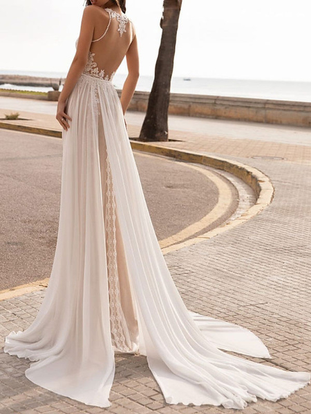 Milanoo Ivory Wedding Dresses A Line With Court Train Sleeveless Applique Illusion Neckline Bridal G