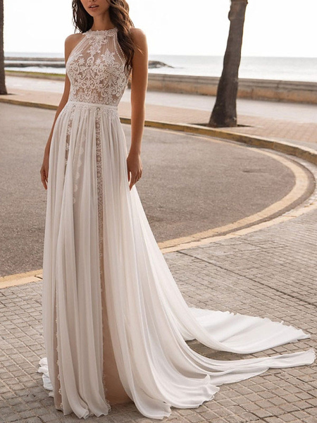 Milanoo Ivory Wedding Dresses A Line With Court Train Sleeveless Applique Illusion Neckline Bridal G