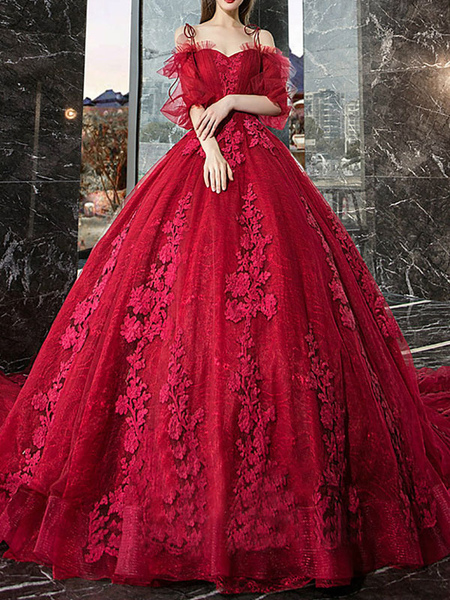 

Milanoo Red Princess Wedding Dresses Tulle Half Sleeves Bridal Gown Applique Evening Party Dresses, Ruby