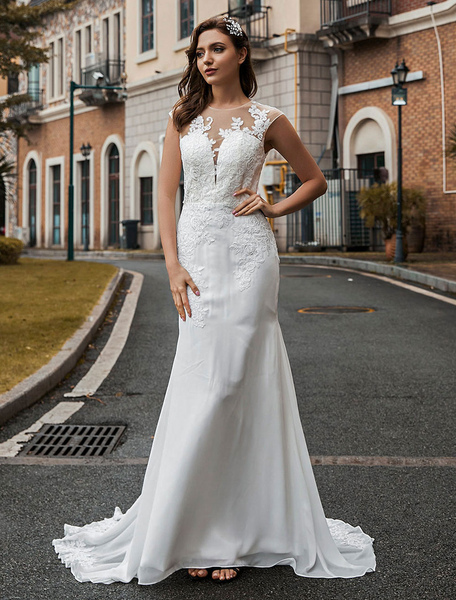 Milanoo Wedding Bridal Gowns Jewel Neck Sleeveless Natural Waist Buttons Court Train Bridal Gowns