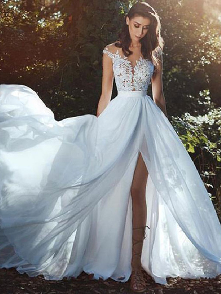 Milanoo Wedding Dresses With Court Train A-Line Sleeveless Applique Illusion Neckline Bridal Gowns