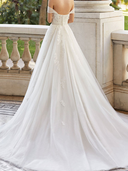 Milanoo Wedding Dress With Train V Neck Sleeveless Off Shoulder Lace Tulle Bridal Dresses