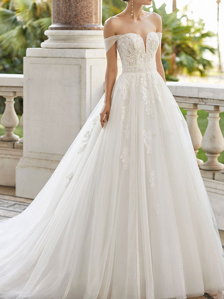 Milanoo Wedding Dress With Train V Neck Sleeveless Off Shoulder Lace Tulle Bridal Dresses