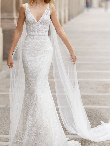 Milanoo Lace Wedding Dress With Train Mermaid Sleeveless Lace Tulle V-Neck Bridal Gowns