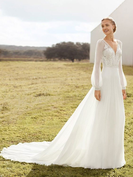 Milanoo Ivory Simple Wedding Dress With Train A Line V Neck Long Sleeves Lace Bridal Gowns