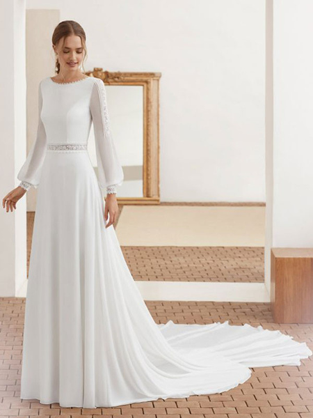 Milanoo Simple Wedding Dress With Train Chiffon Halter Long Sleeves Lace A Line Bridal Dresses