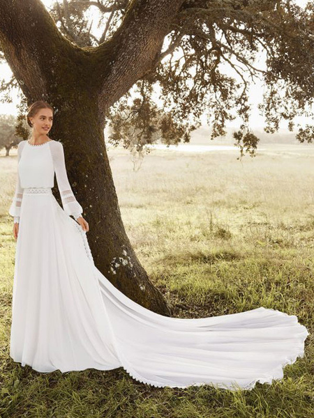 Milanoo Ivory Simple Wedding Dress With Train Chiffon Jewel Neck Long Sleeves Lace A Line Bridal Gow