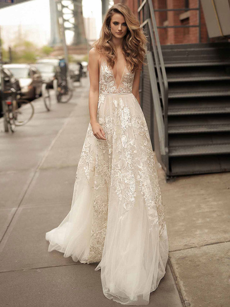 Milanoo Lace Wedding Dress With Train A Line Sleeveless V Neck Bridal Dresses