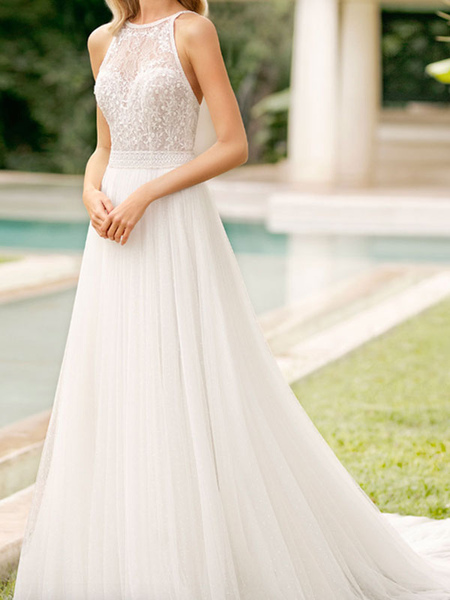 Milanoo Einfaches Brautkleid mit Zug Meerjungfrau Kleid V-Ausschnitt Ärmellose Spitze Brautkleider