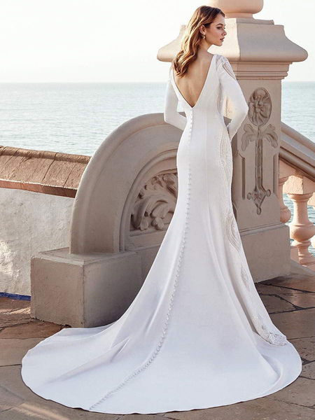 Milanoo Wedding Dress Mermaid Dress Bateau Neck Long Sleeves Natural Waist With Train Bridal Gowns